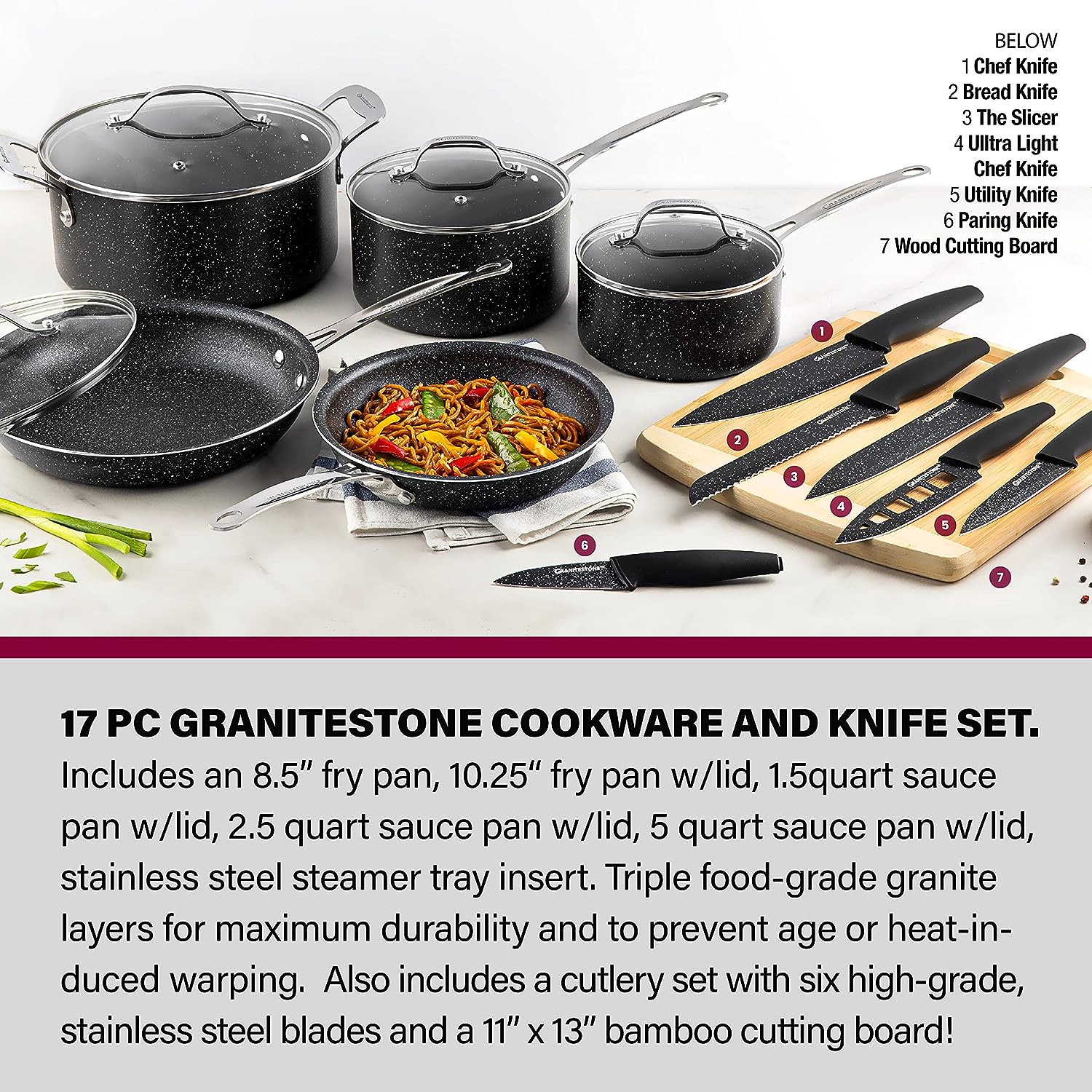 granite stone diamond 17 pc nonstick cookware & knife set